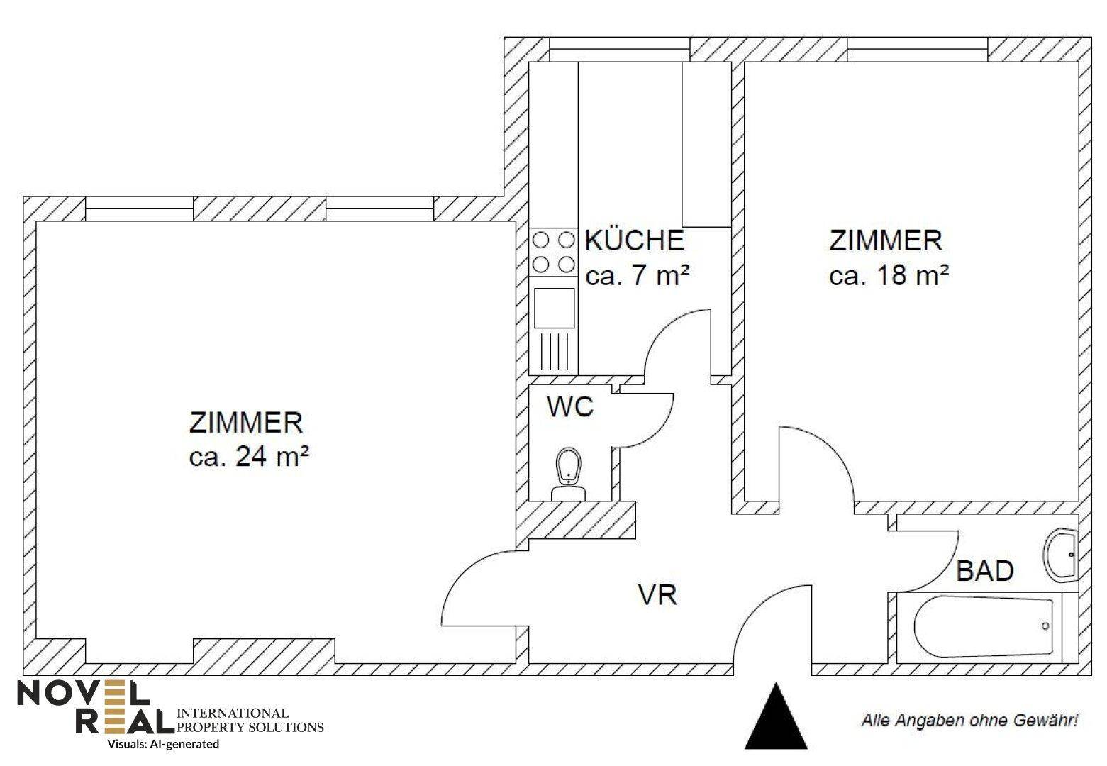 Grundriss einer Wohnung mit zwei Zimmern, separater Küche, WC und Bad.