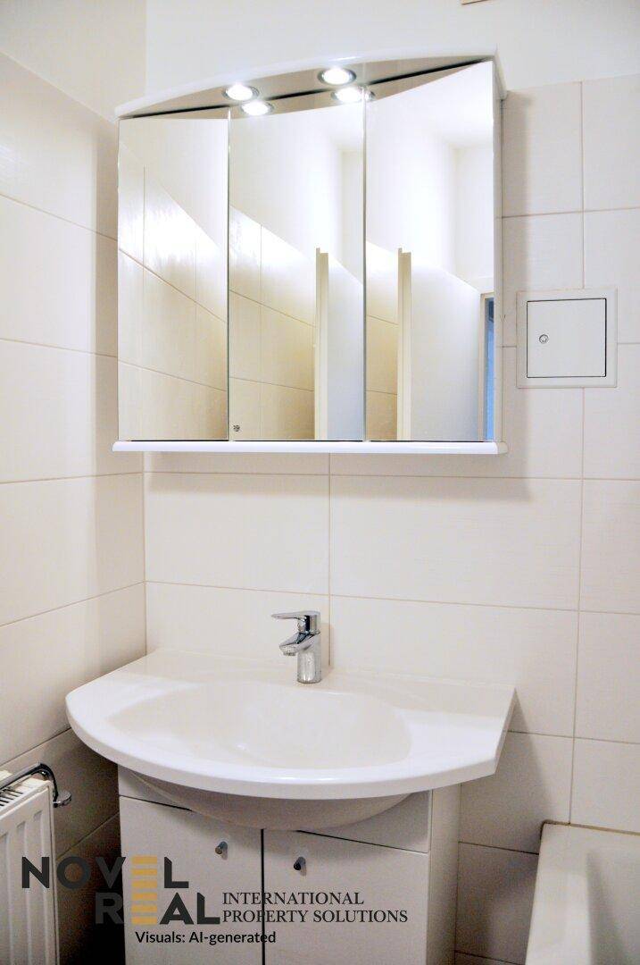 Badezimmer mit Waschbecken, Spiegelschrank und weißen Fliesen, gut beleuchtet.
