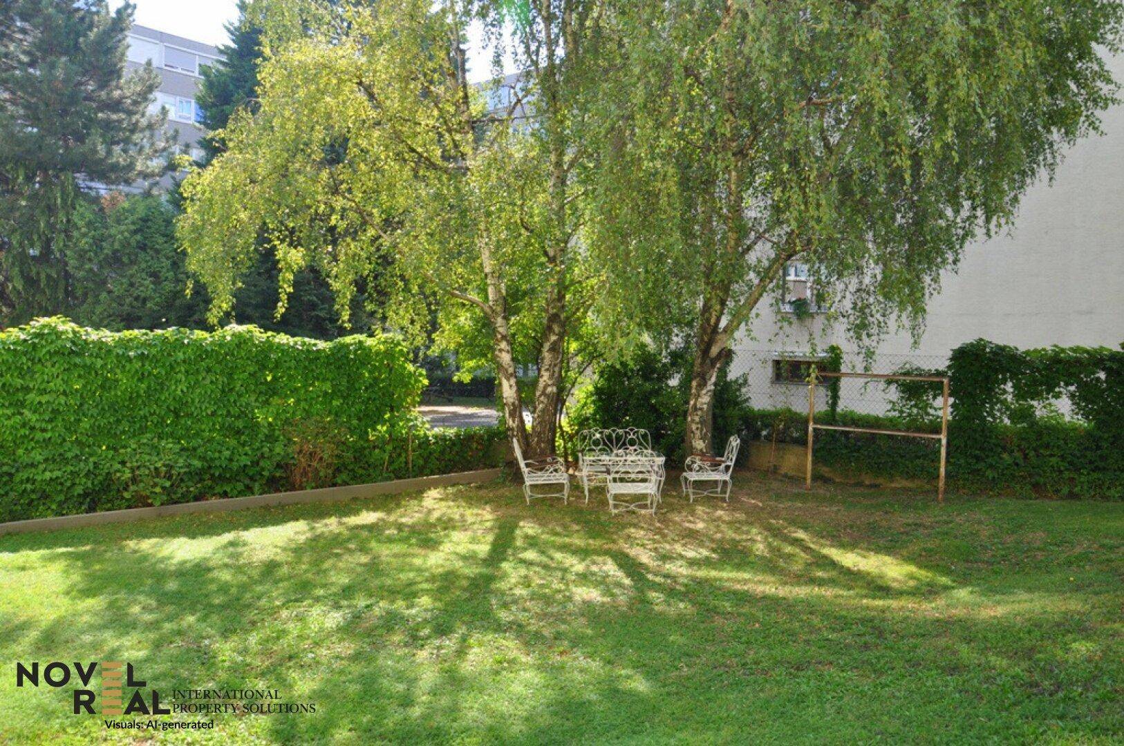 Gepflegter Gemeinschaftsgarten mit Rasenfläche, schattenspendenden Bäumen und einer kleinen Sitzgruppe.
