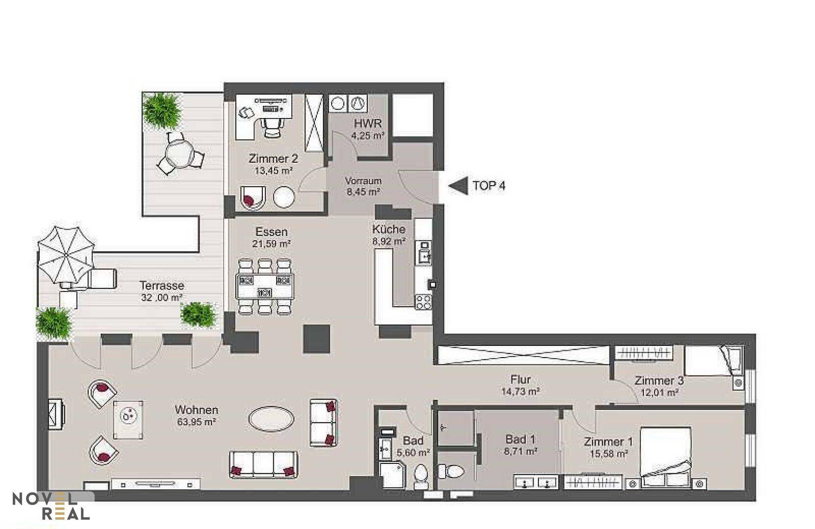 Detaillierter Grundriss einer Wohnung mit zwei Bädern, großer Terrasse und offenem Wohnbereich.