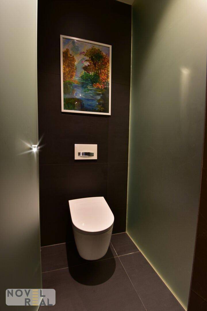 Modernes Gäste-WC mit dunklen Fliesen und wandmontierter Toilette.