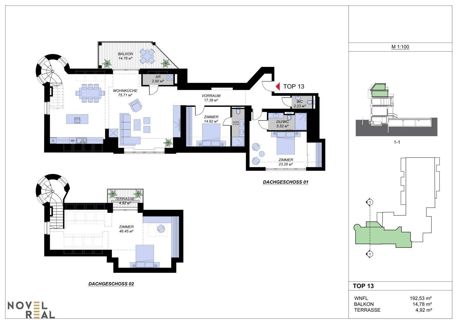 Detaillierter Grundriss einer Maisonette-Wohnung über zwei Dachgeschosse mit offener Wohnküche, Balkon und Terrasse.
