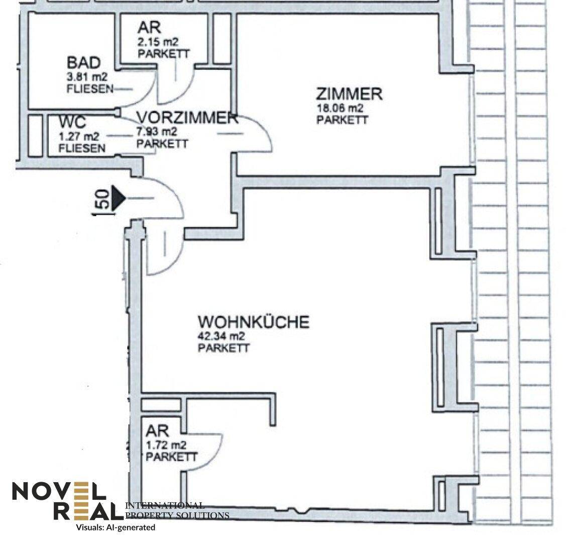 Grundriss der Wohnung mit Wohnküche, Zimmer, Bad, WC und Abstellräumen.