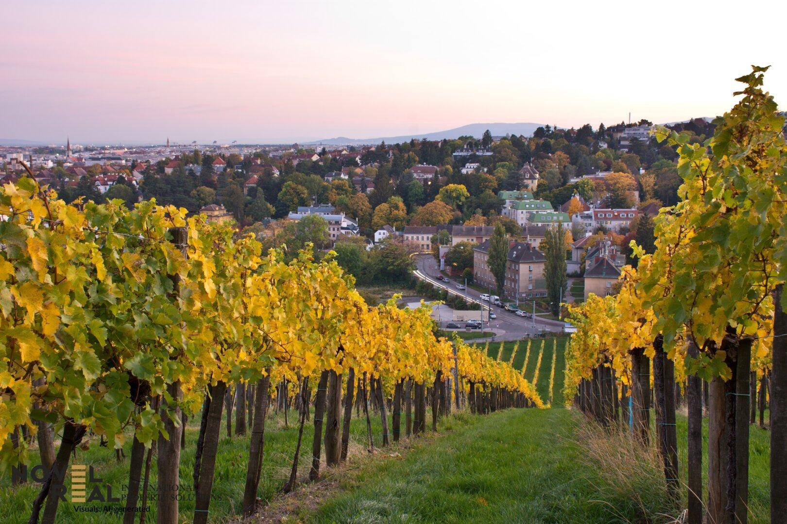 Panoramablick über malerische Weinberge mit einer charmanten Stadt und grünen Hügeln im Hintergrund.