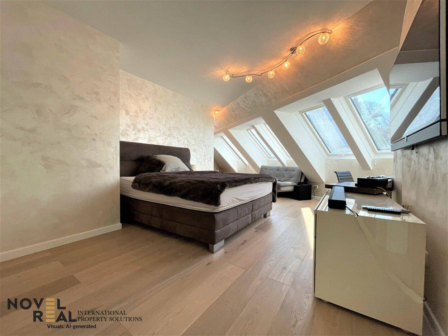 Geräumiges Schlafzimmer mit großem Bett, schrägen Decken und mehreren Dachfenstern für viel Licht.