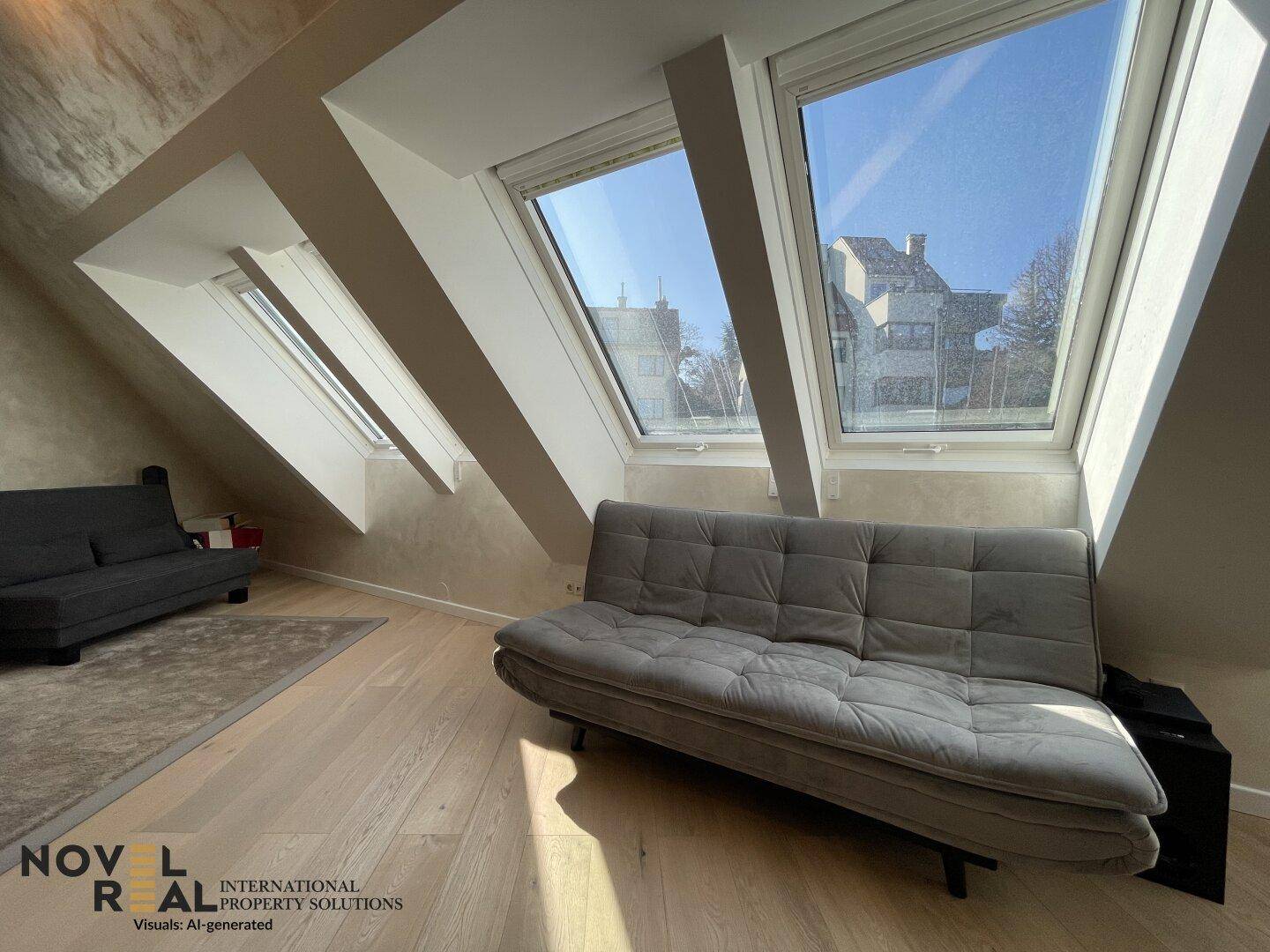Gemütlicher Sitzbereich mit zwei Sofas unter schrägen Decken und großen Dachfenstern.