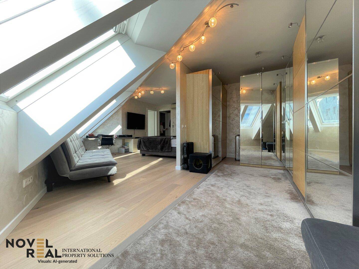Großes Schlafzimmer mit Bett, Sitzbereich und Spiegelschränken unter schrägen Decken mit Dachfenstern.