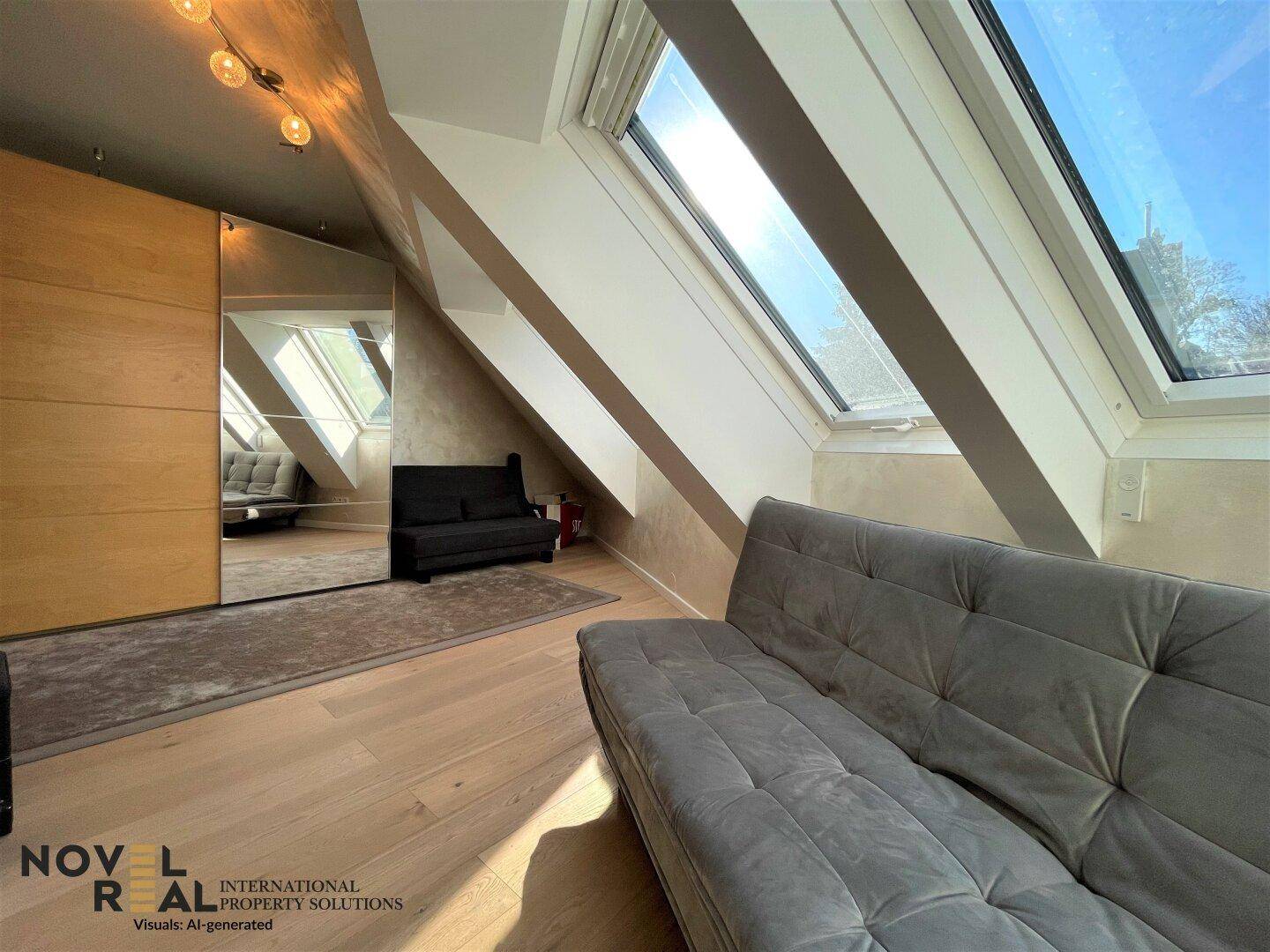 Heller Raum mit Sofa, Spiegelschränken, schrägen Decken und Dachfenstern für viel Tageslicht.