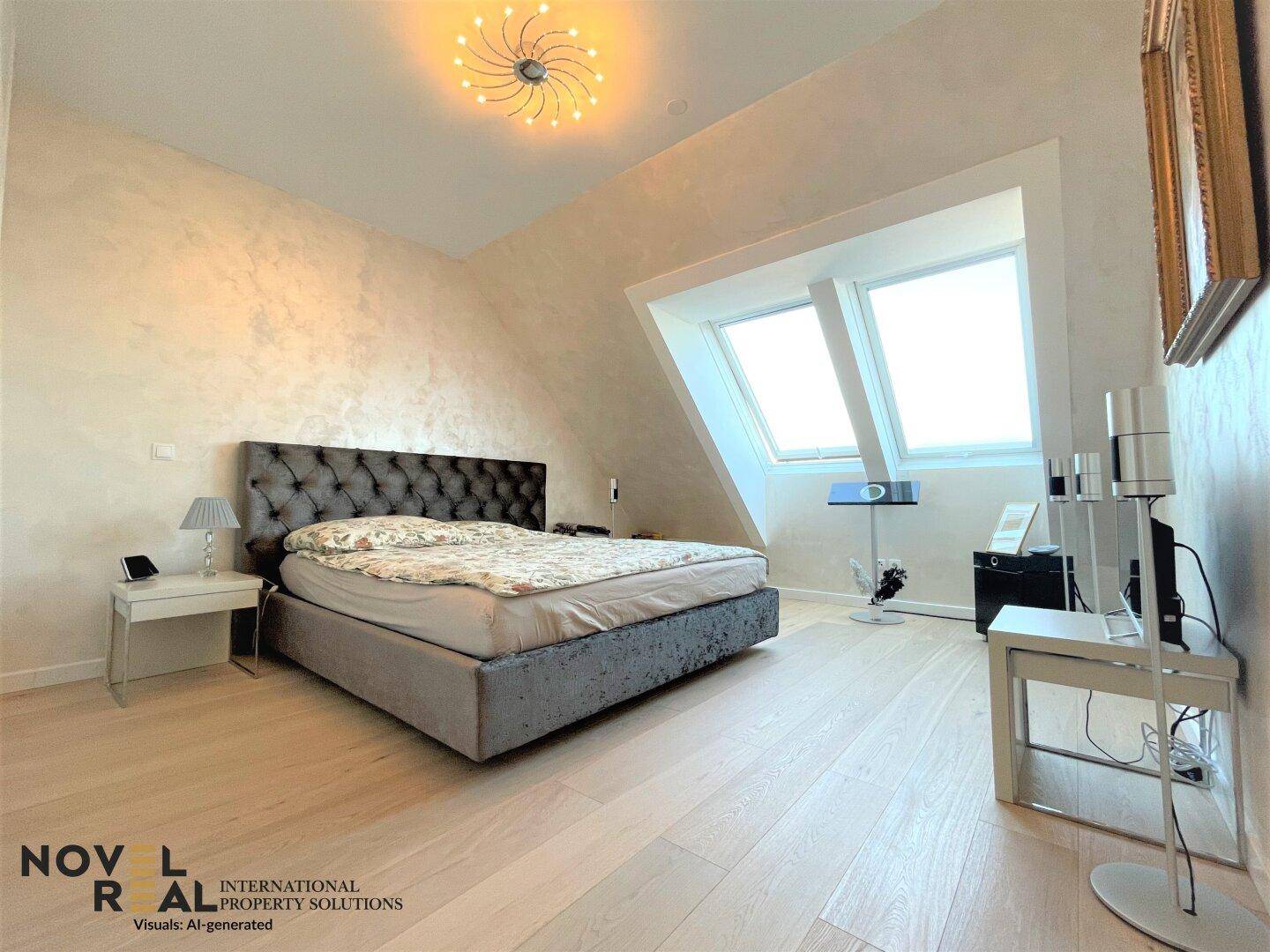 Komfortables Schlafzimmer mit großem Bett, schrägen Decken und Dachfenstern, die den Raum erhellen.