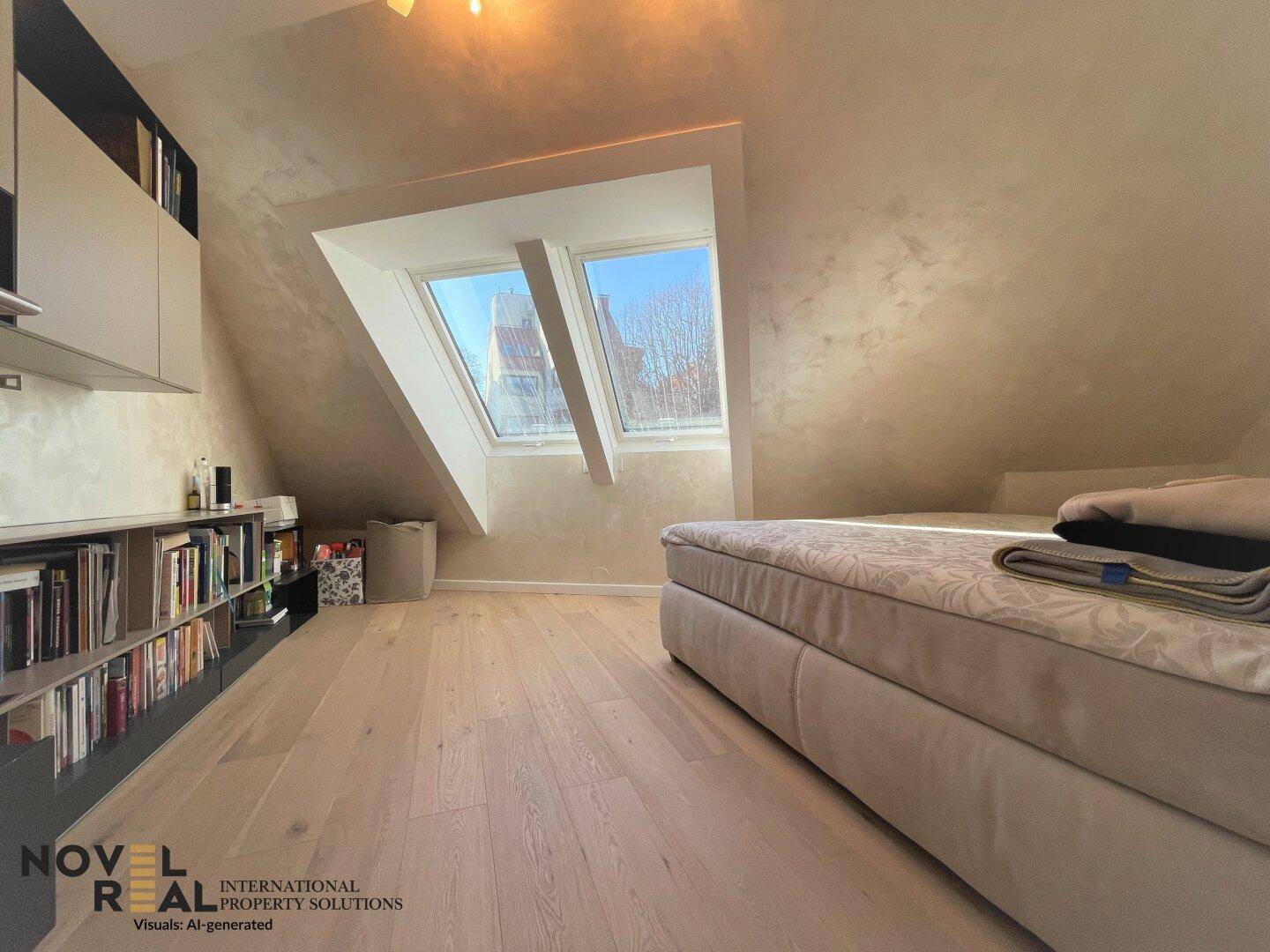 Helles Zimmer mit Schlafmöglichkeit, Regalen, schrägen Decken und Dachfenstern für natürliche Beleuchtung.