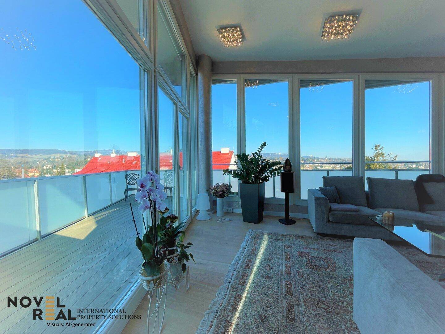 Lichtdurchflutetes Wohnzimmer mit Zugang zu einem Balkon und Panoramablick auf die Umgebung.