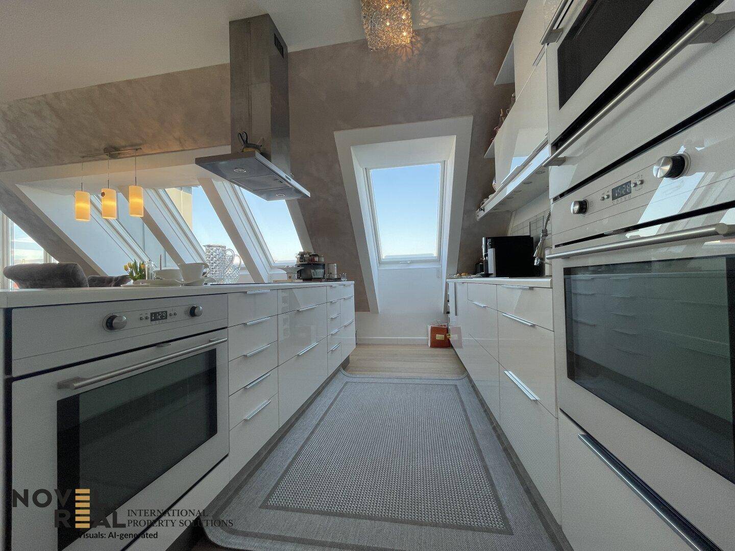 Moderne Küche mit weißen Hochglanzfronten, integrierten Geräten und einem Dachfenster für Tageslicht.