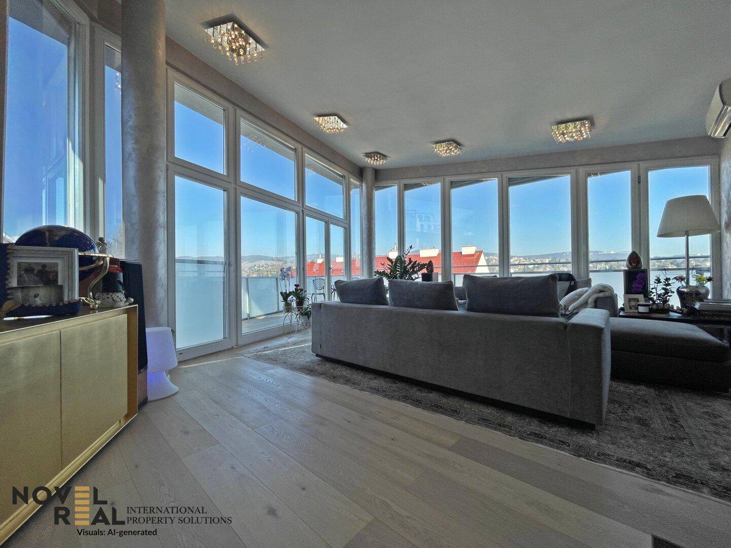 Lichtdurchflutetes Wohnzimmer mit bodentiefen Fenstern, Panoramablick und modernem Interieur.