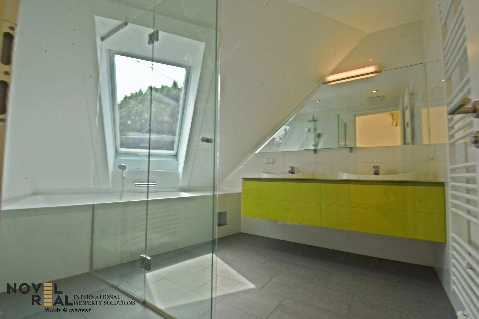 Modernes Badezimmer mit Badewanne, Dusche, Doppelwaschbecken und einem Dachfenster.