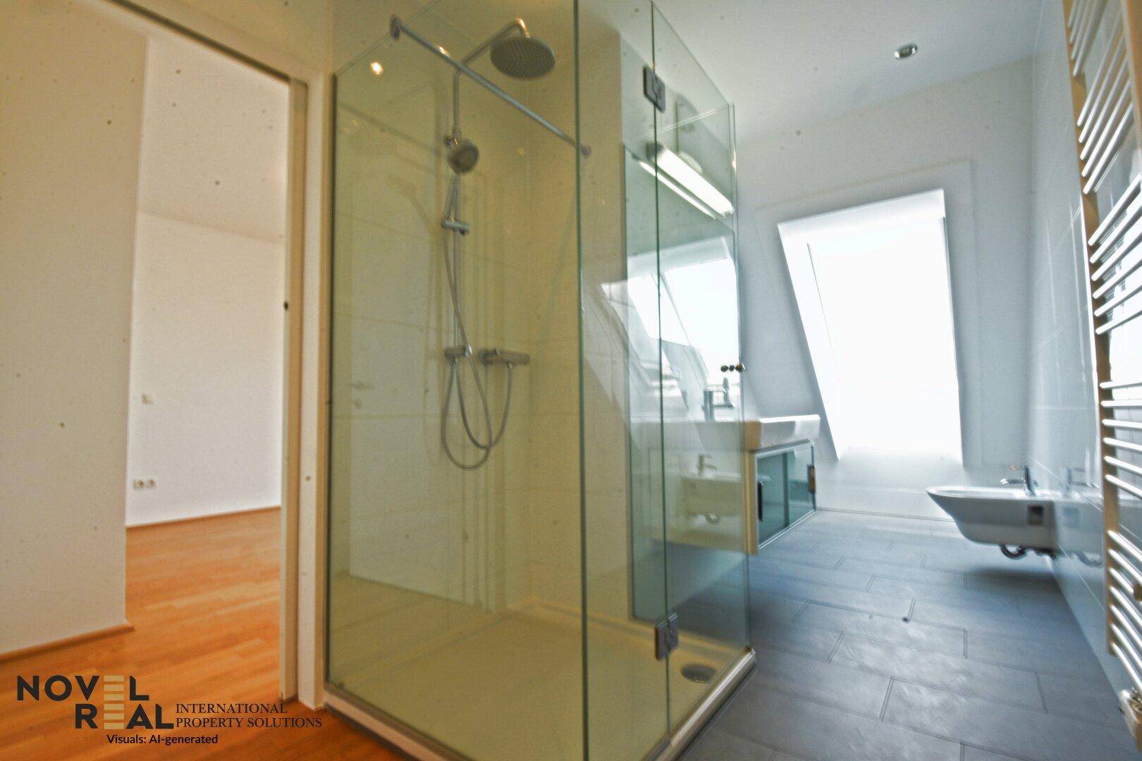 Modernes Badezimmer mit ebenerdiger Glasdusche, Einzelwaschbecken und Fenster für Tageslicht.
