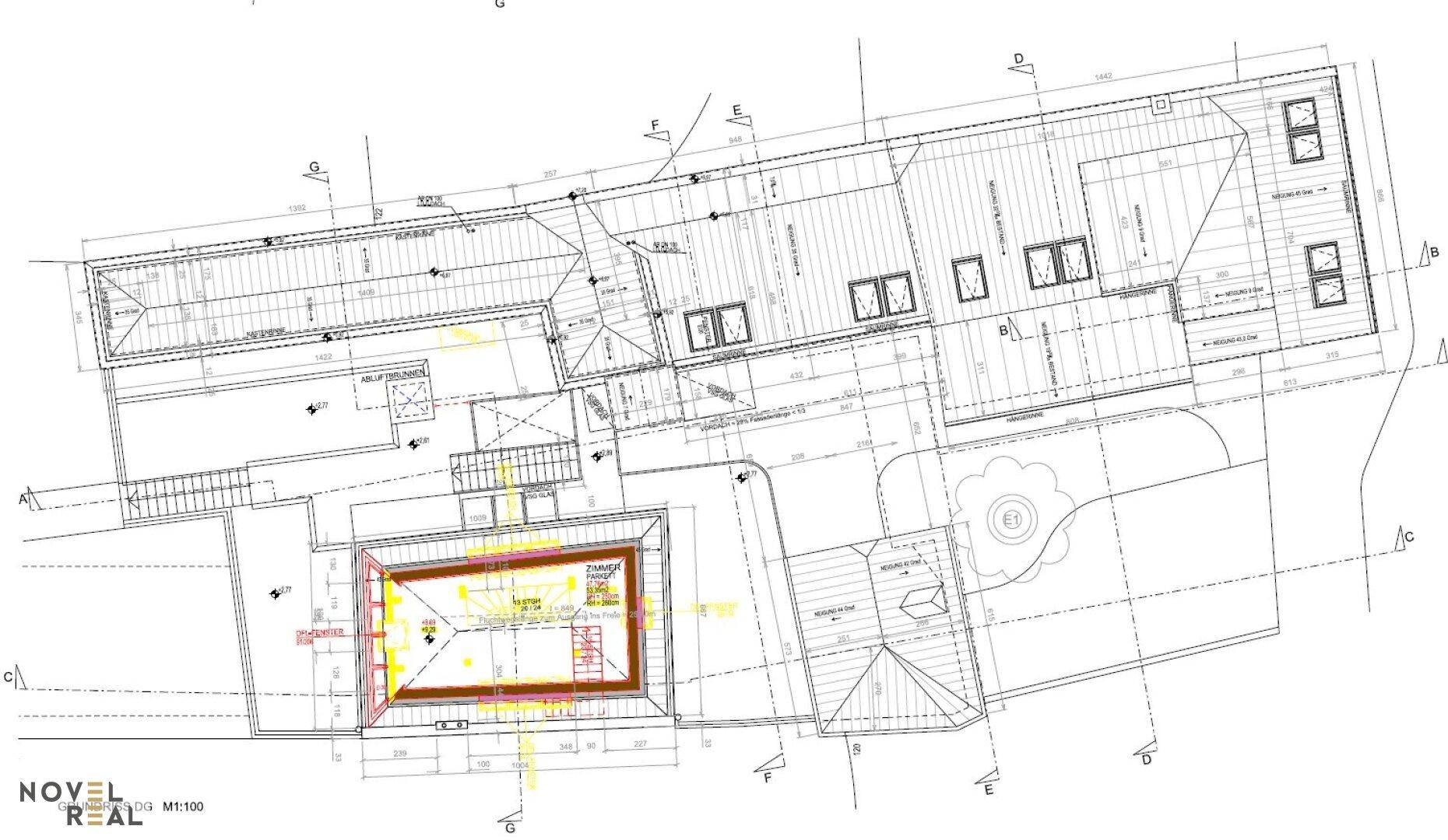 Grundriss des dritten Obergeschosses mit Dachkonstruktion, Fensteranordnung und Außenflächen.