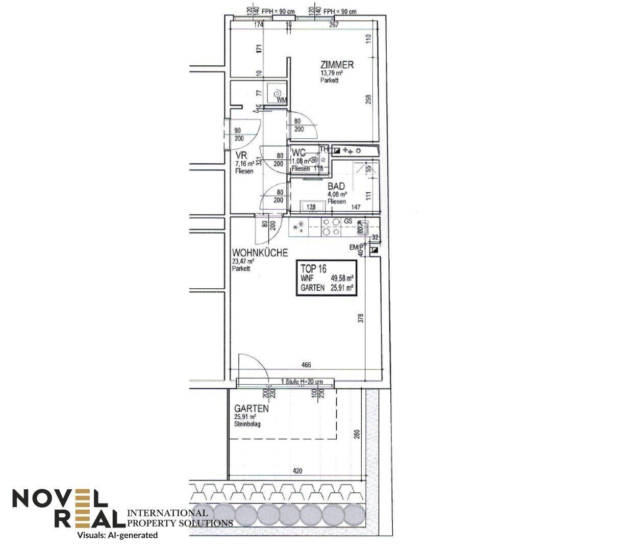 Grundriss der Wohnung mit Wohnküche, Zimmern, Bad, WC und Garten.