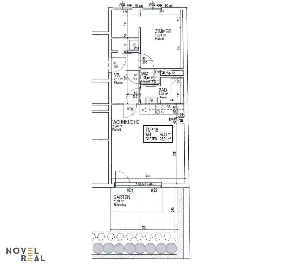 Grundriss einer Wohnung mit offener Wohnküche, einem Zimmer, Bad, separatem WC und Zugang zu einem privaten Garten.