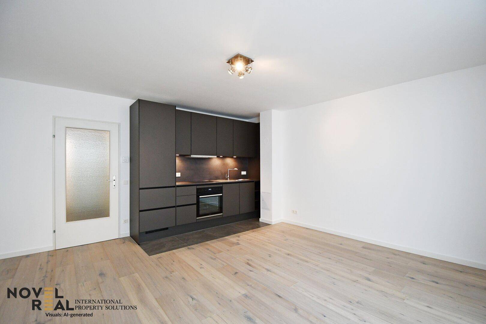 Moderne Einbauküche mit dunklen Schränken, integriertem Backofen und hellem Holzboden.