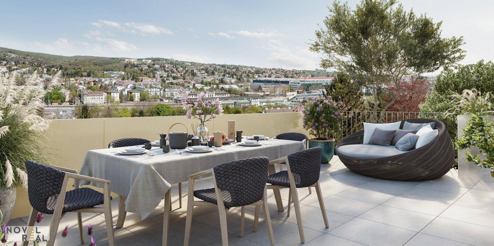 Großzügige Dachterrasse mit Essbereich, Lounge-Möbeln und weitem Blick über die Stadt.