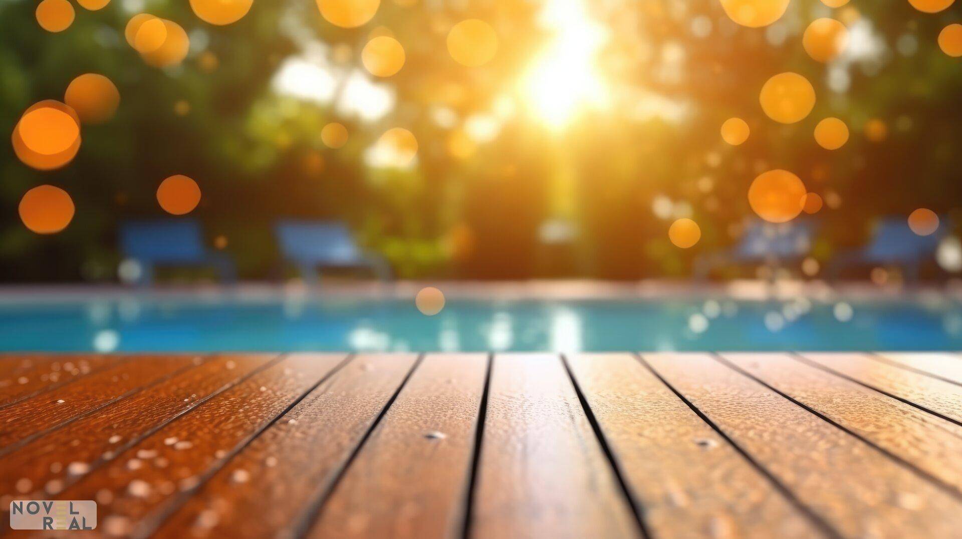 Holzdeck am Poolbereich mit verschwommenem Hintergrund und Sonnenlicht, das durch Bäume scheint.