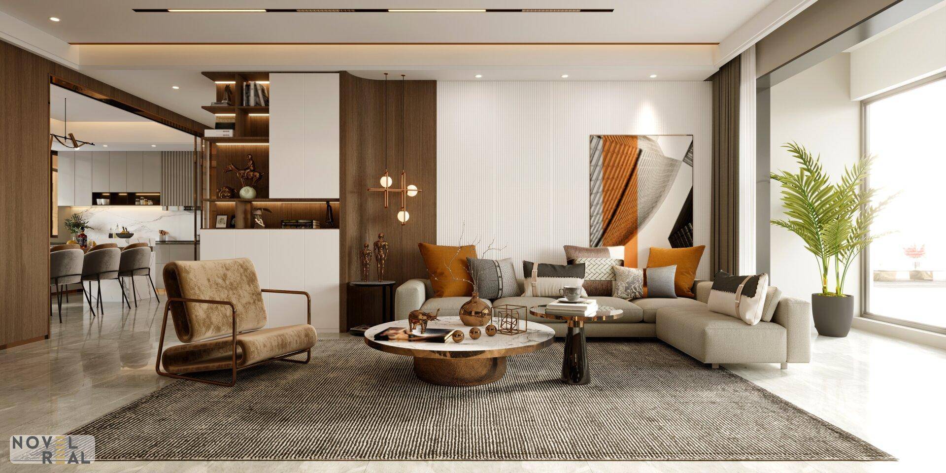 Elegantes Wohnzimmer mit L-förmigem Sofa und offenem Übergang zum Essbereich und zur modernen Küche.