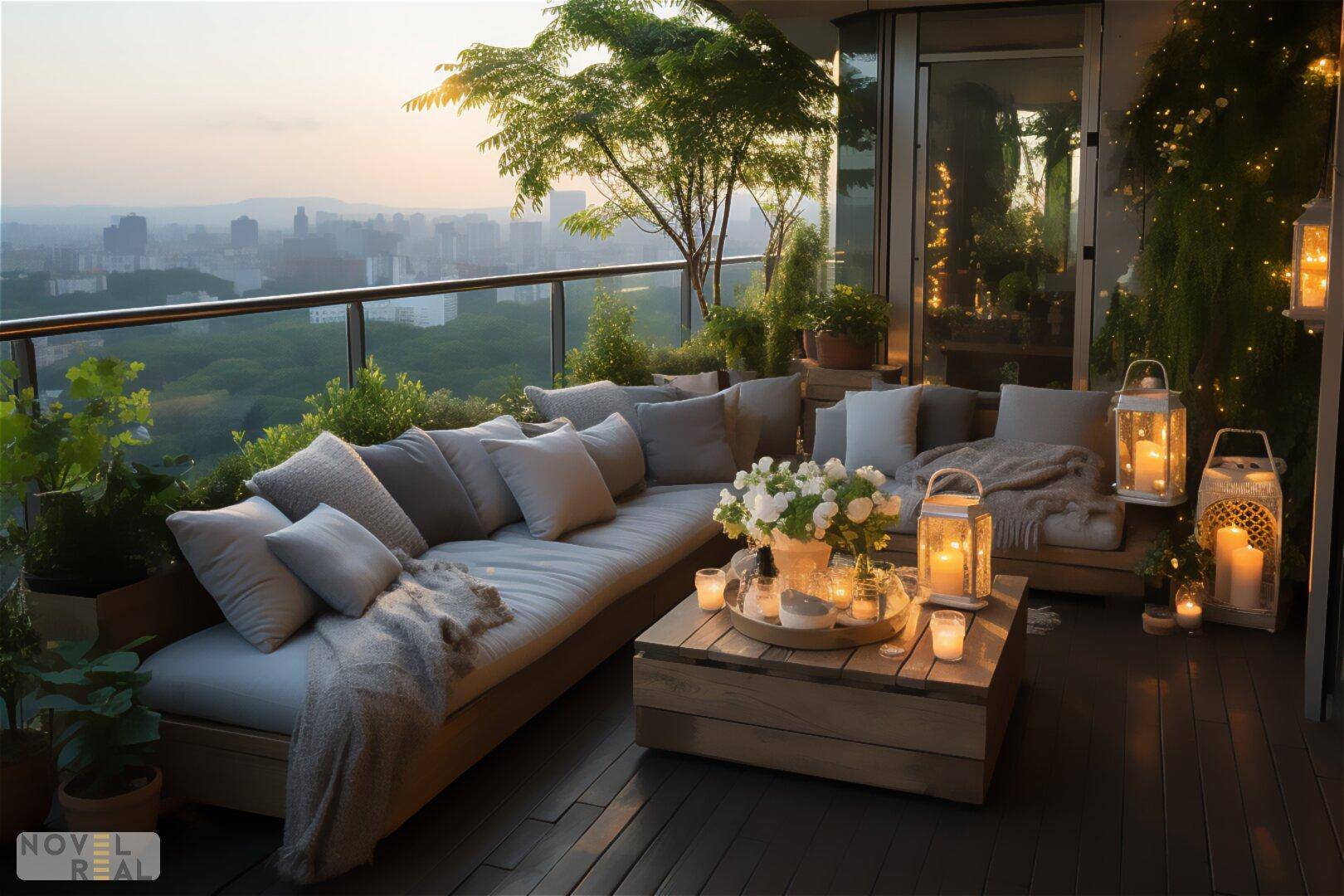 Stimmungsvoller Balkon mit bequemen Loungemöbeln, Pflanzen und Laternen, mit Blick auf die Stadt bei Sonnenuntergang.