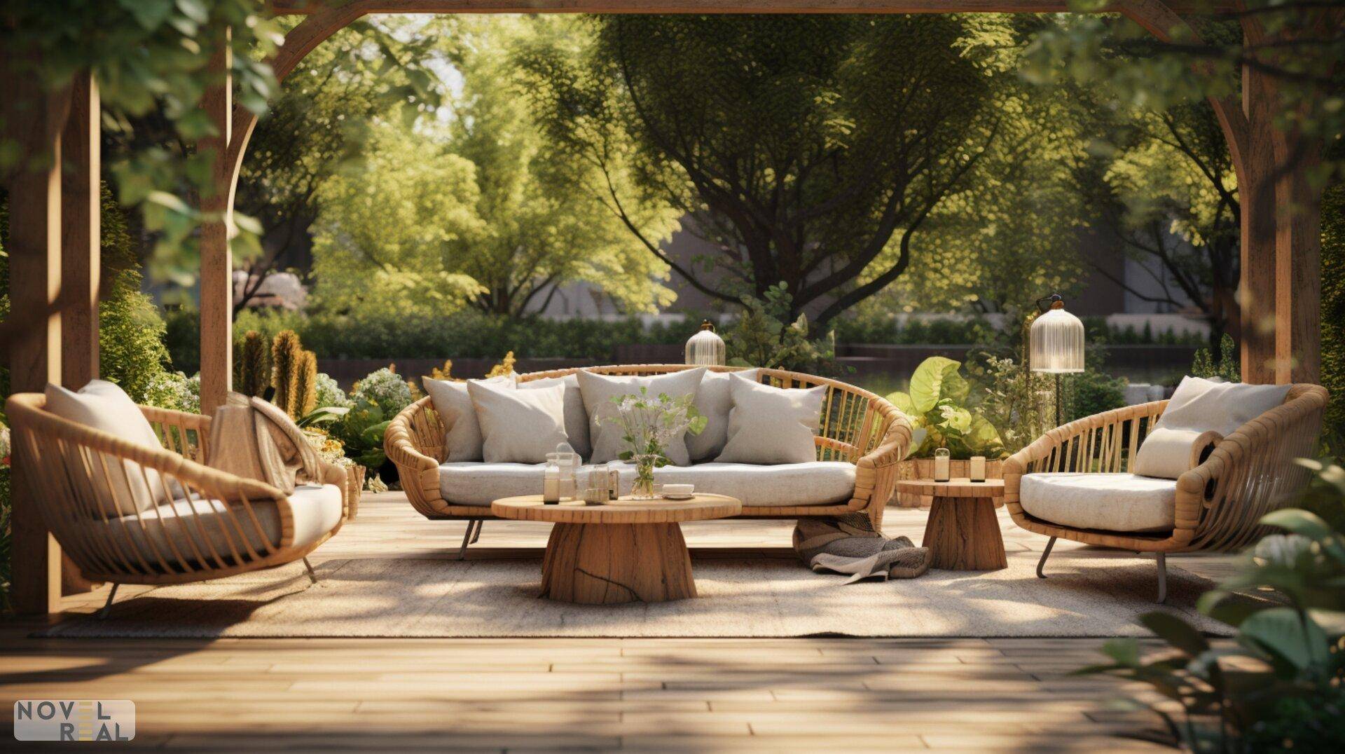 Gemütliche Outdoor-Sitzgruppe unter einer Holzpergola, umgeben von üppigem Grün im Garten.