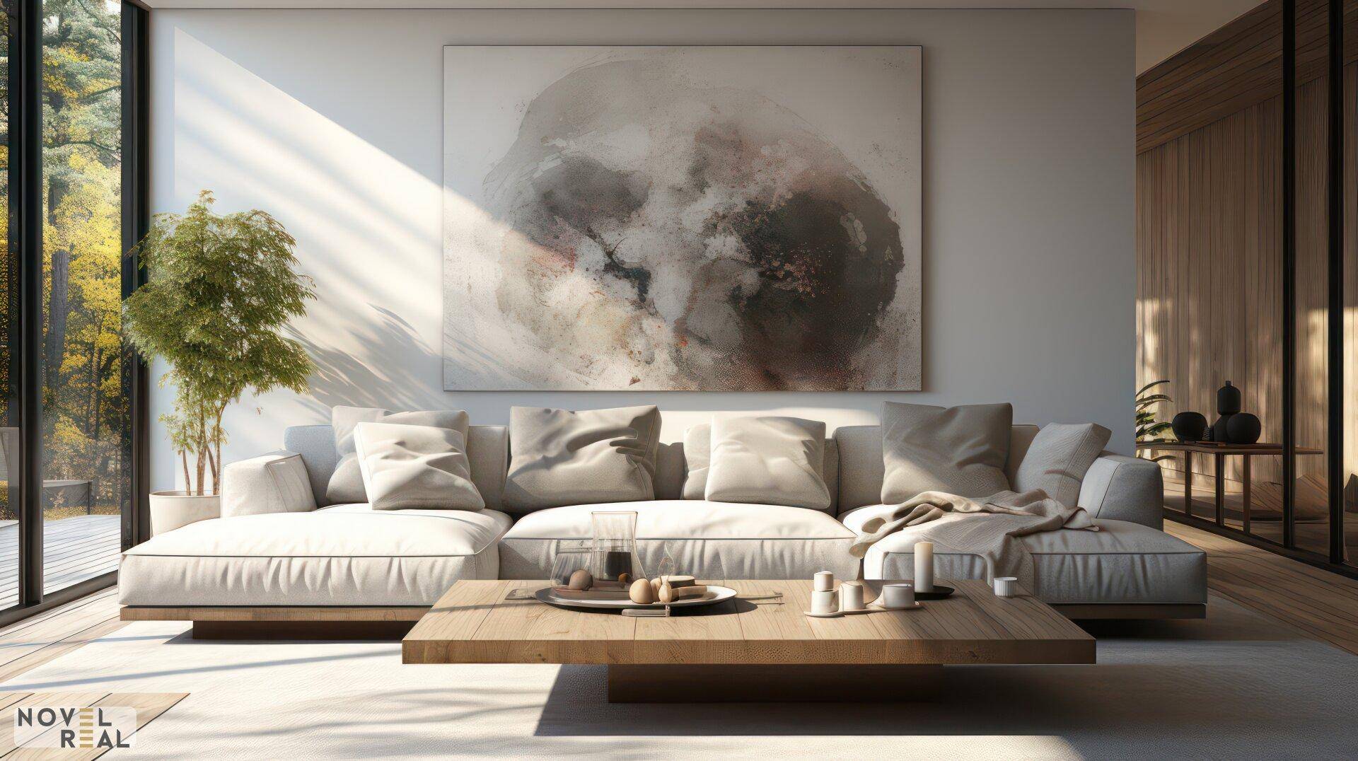 Helles Wohnzimmer mit großem Ecksofa, Holztisch und Kunstwerk, durchflutet von natürlichem Licht.