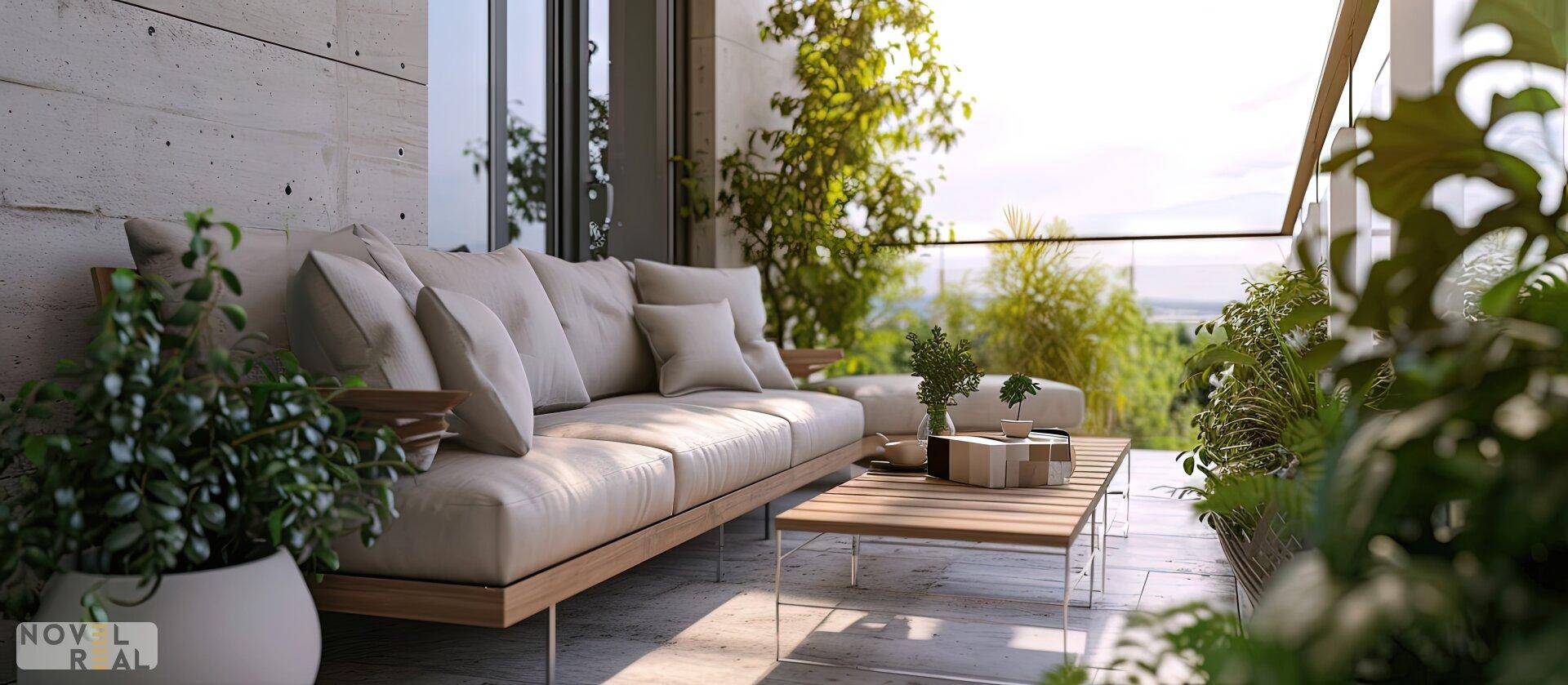 Geräumiger Balkon mit bequemer Sitzgelegenheit und Pflanzen, ideal zum Entspannen im Freien.