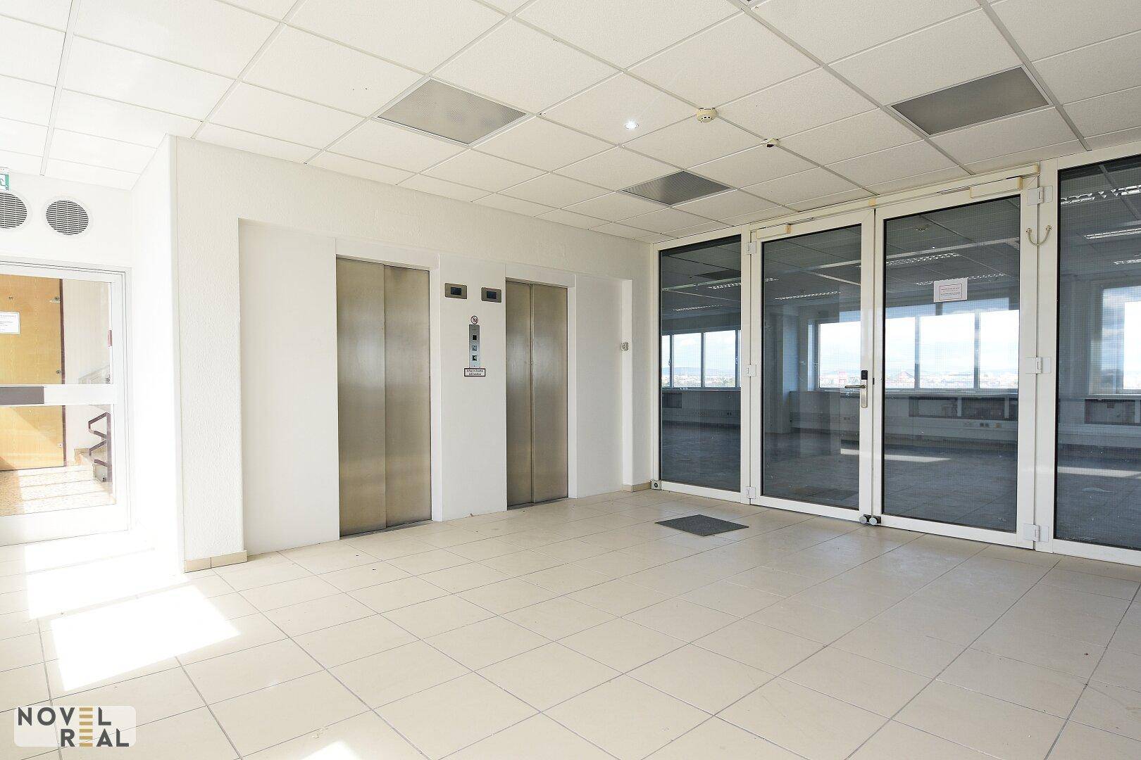 Helle Bürolobby mit zwei Aufzügen, gefliestem Boden und großen Glaszugängen zu den angrenzenden Büroräumen.