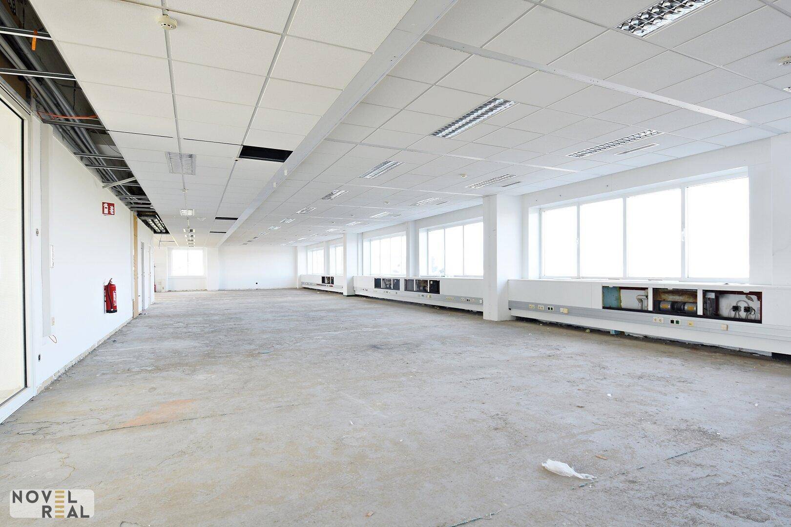 Geräumiger, unmöblierter Bürobereich mit vielen Fenstern und Betonboden, ideal für individuelle Gestaltung.