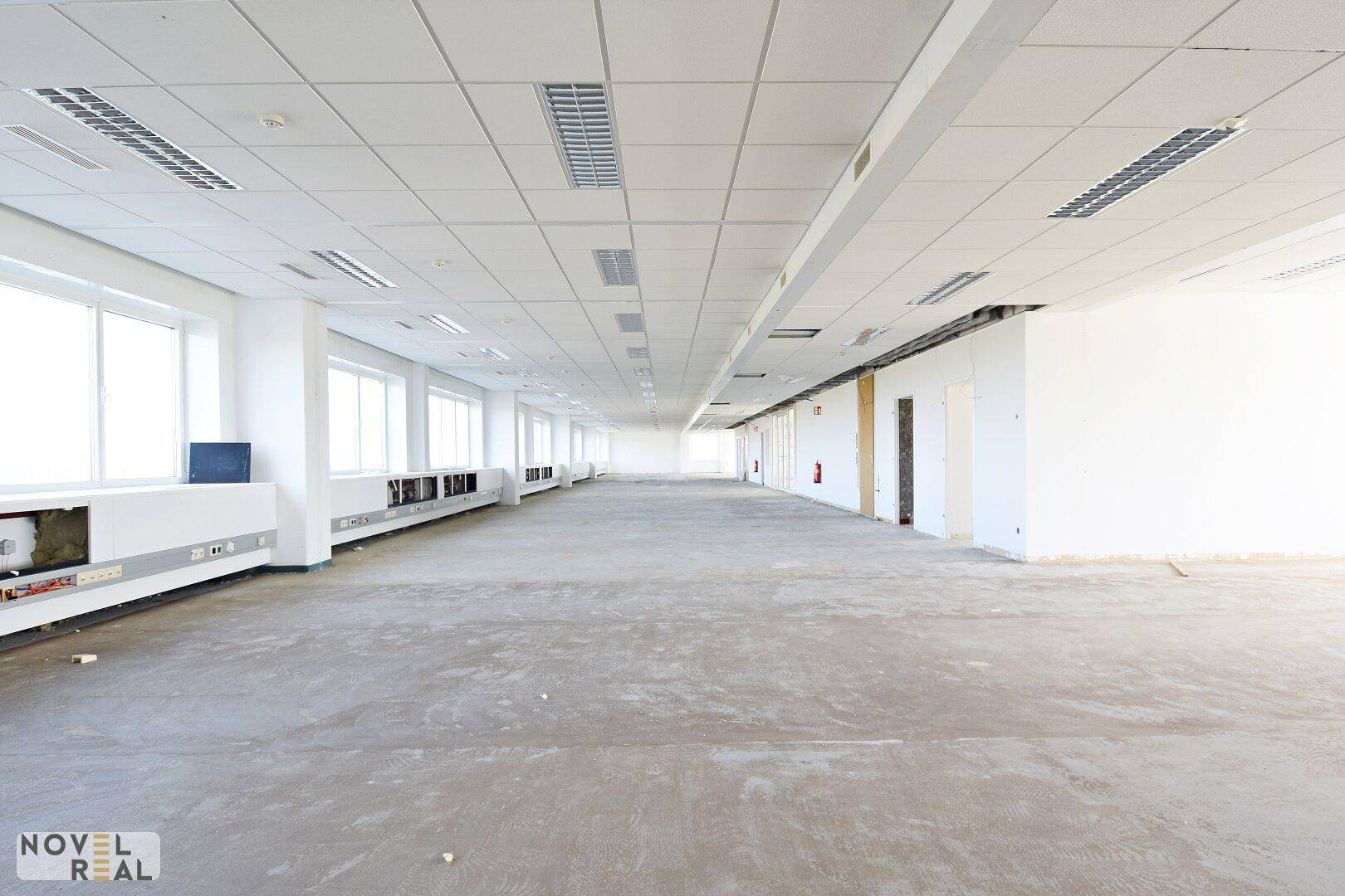Weitläufiger Bürobereich mit Betonboden und vielen Fenstern, bereit für den Innenausbau.