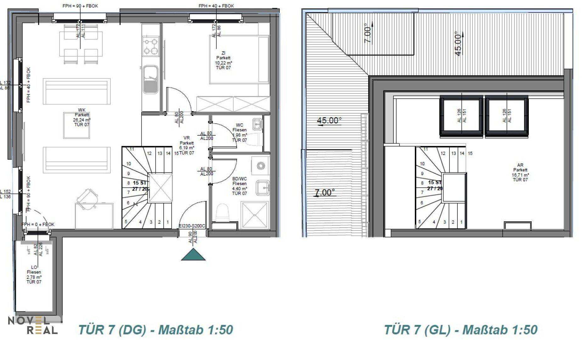 Grundrisspläne zeigen zwei Ebenen mit offenem Wohnbereich, Balkon und Terrasse.
