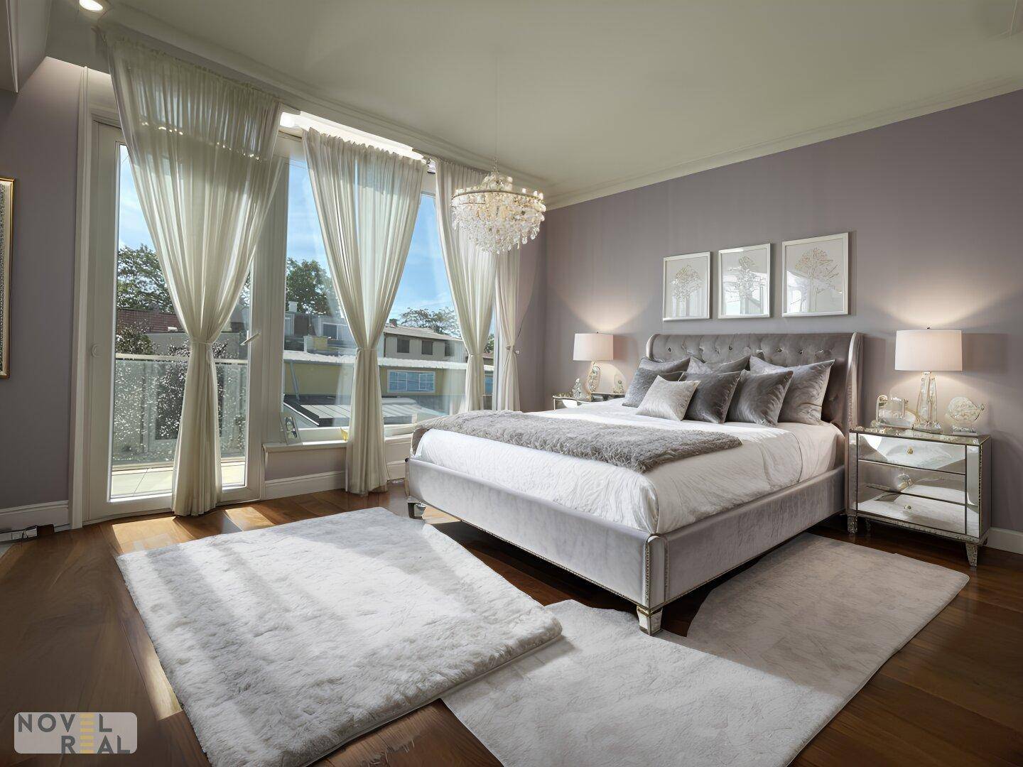 Elegantes Schlafzimmer mit großem Bett, stilvoller Einrichtung und bodentiefen Fenstern zum Balkon.