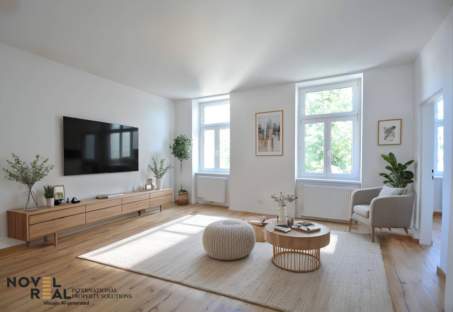 Modern eingerichtetes Wohnzimmer mit Holzboden, großem Fernseher und viel natürlichem Licht durch die Fenster.