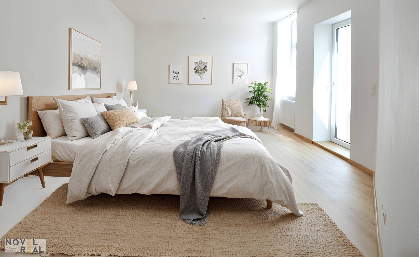 Ruhiges Schlafzimmer mit Holzboden, großem Bett und viel Tageslicht, perfekt für Erholung.