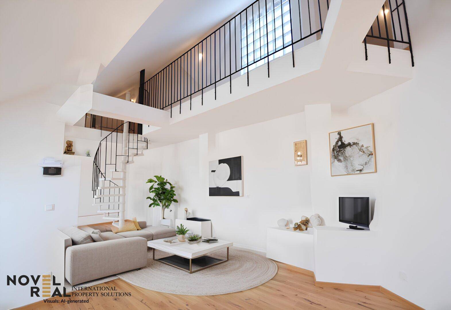 Helles Wohnzimmer mit moderner Einrichtung, hohen Decken und einer eleganten Wendeltreppe zur Galerie.