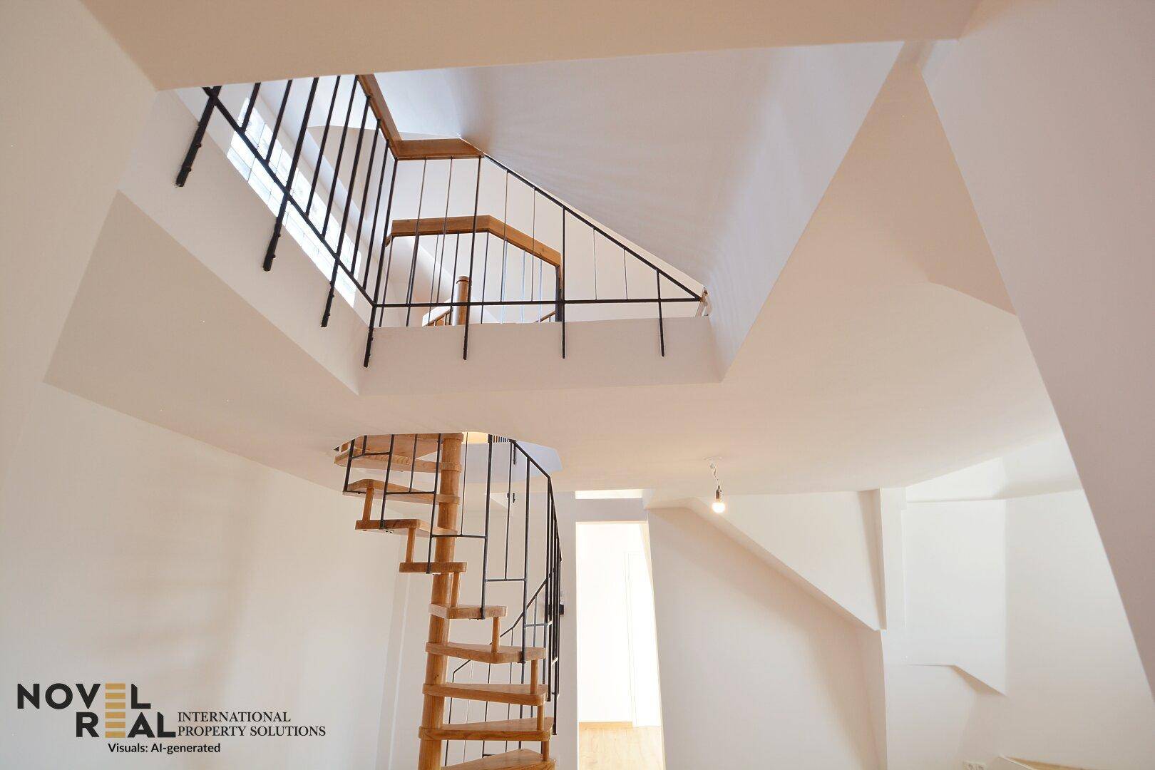 Offener Bereich mit einer Wendeltreppe, die verschiedene Ebenen des Dachgeschosses verbindet.