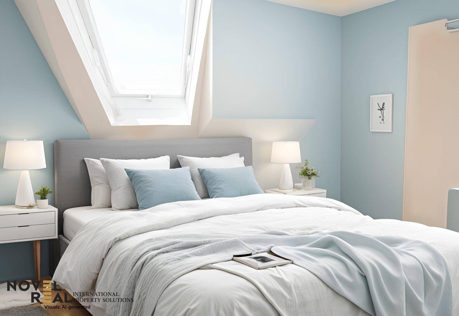 Gemütliches Schlafzimmer mit Dachschräge, großem Dachfenster und modernem, hellblauem Farbschema.