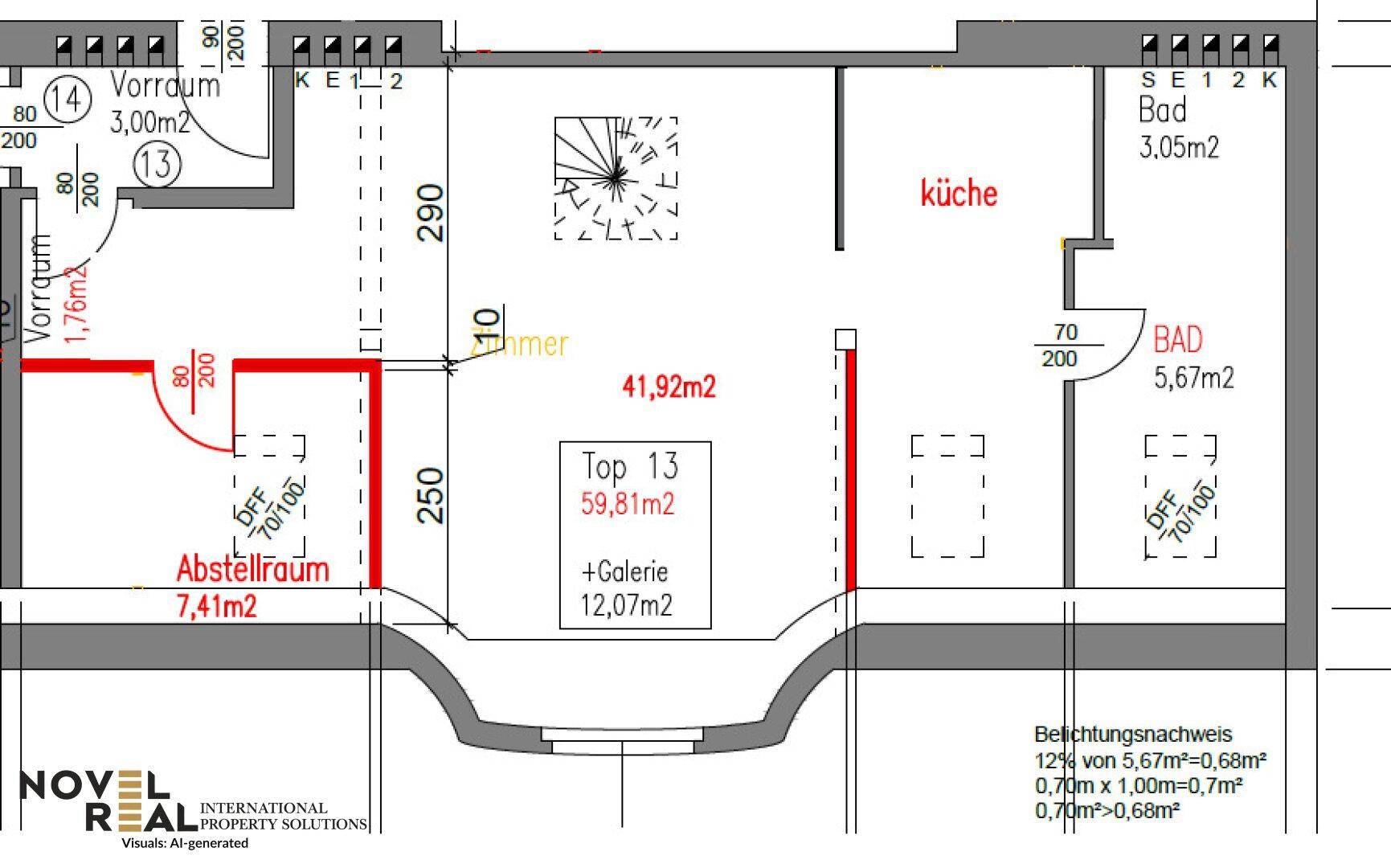 Grundriss einer Wohnung mit Küche, zwei Bädern, Abstellraum und großem Wohnbereich.