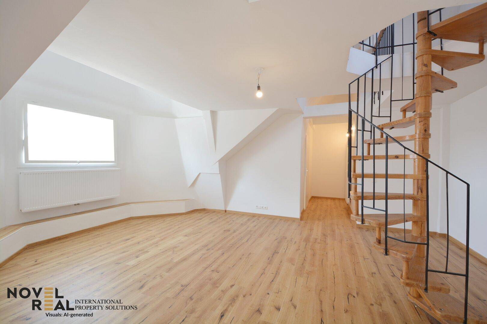 Helles, leeres Zimmer mit Holzfußboden und einer eleganten Wendeltreppe zum oberen Bereich.