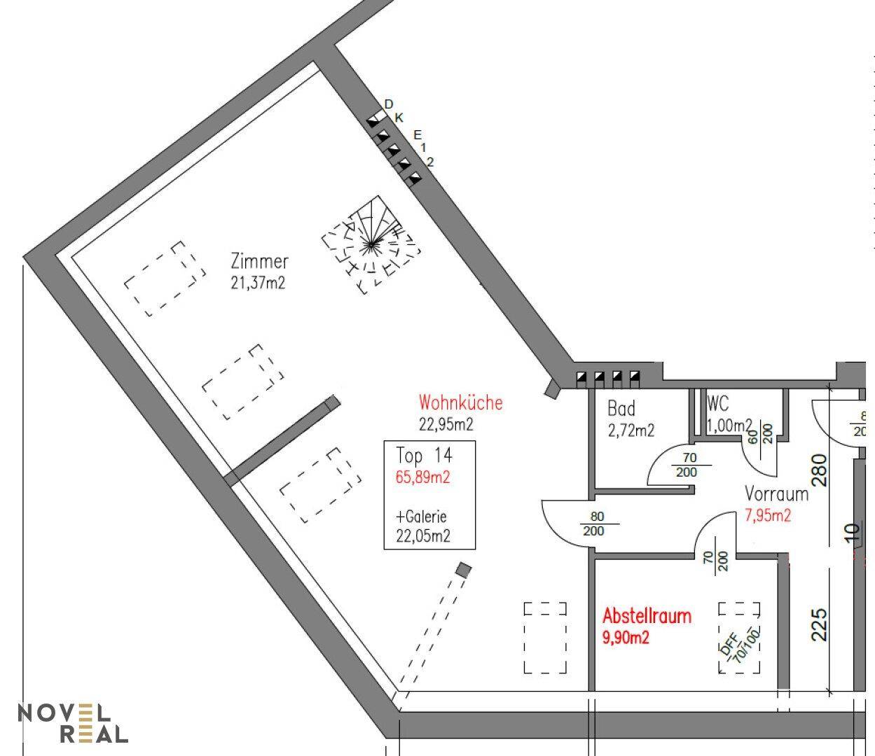 Grundriss der Wohnung mit offener Wohnküche, separaten Zimmern und einem Galeriebereich.