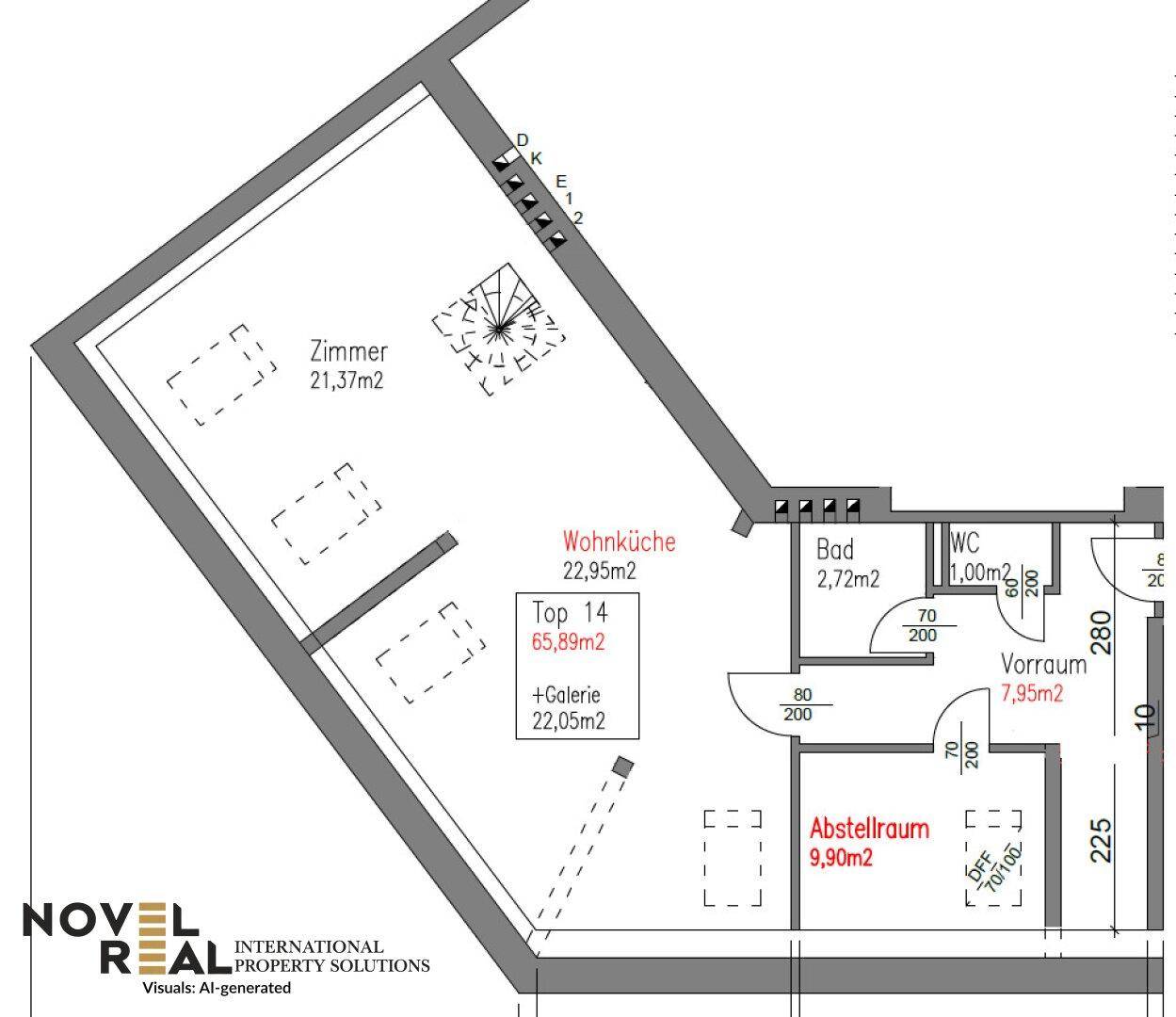 Grundriss der Wohnung mit Wohnküche, Zimmer, Bad, WC und Abstellraum.