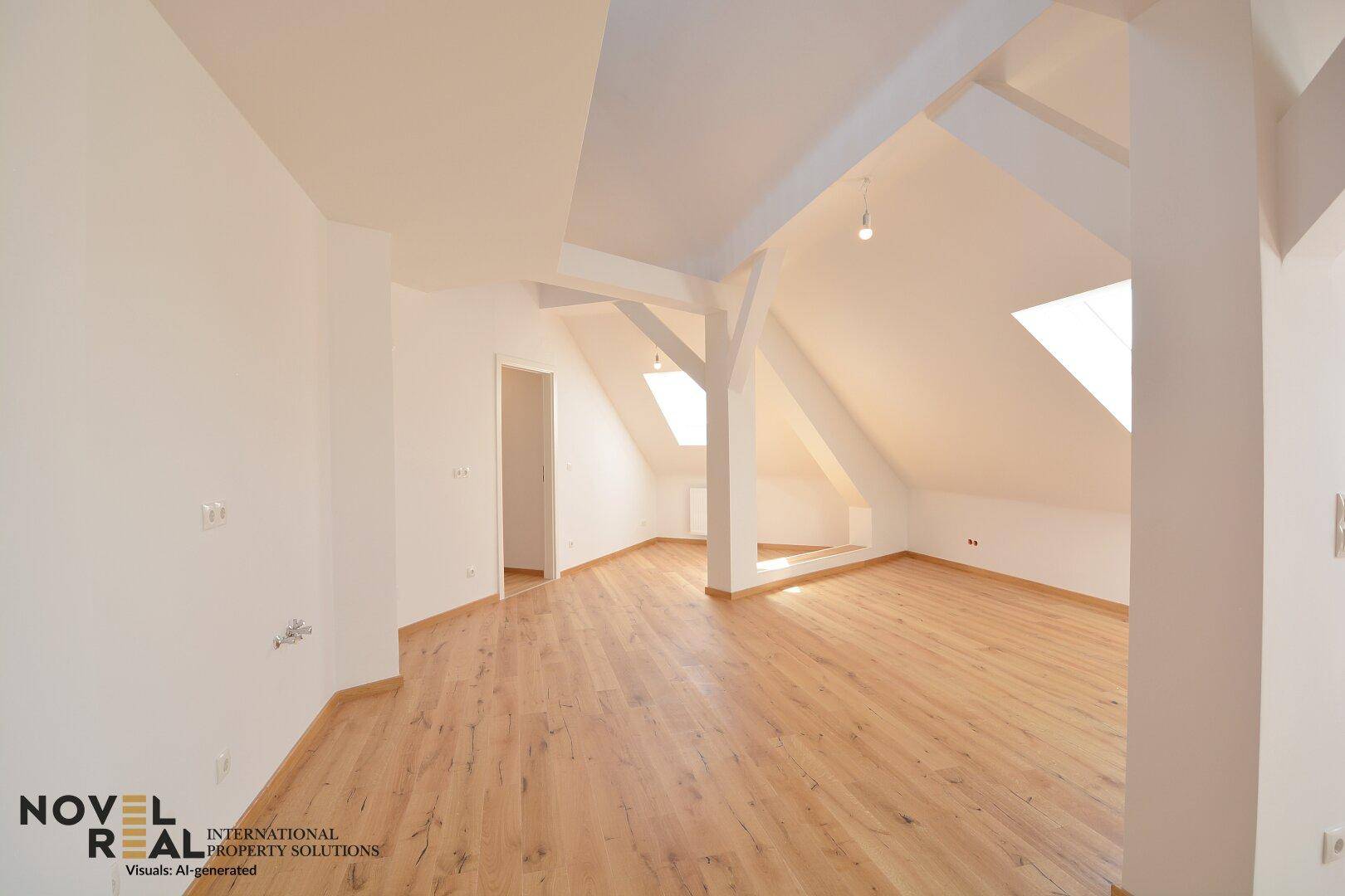 Großer, heller Raum mit Holzboden und Dachschrägen, ideal für individuelle Gestaltungsmöglichkeiten.