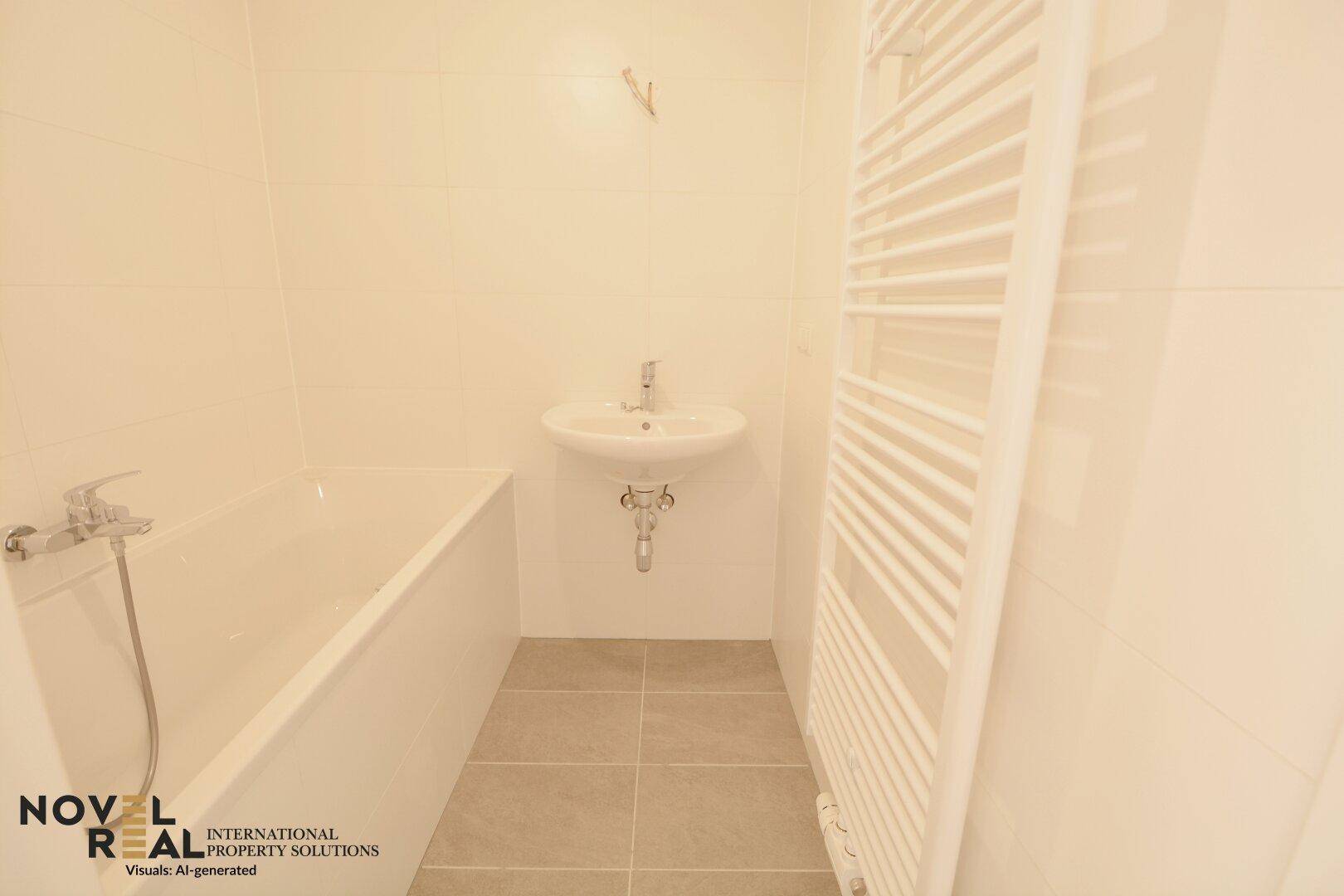 Modernes Badezimmer mit Badewanne, Waschbecken und beheiztem Handtuchhalter, komplett gefliest.