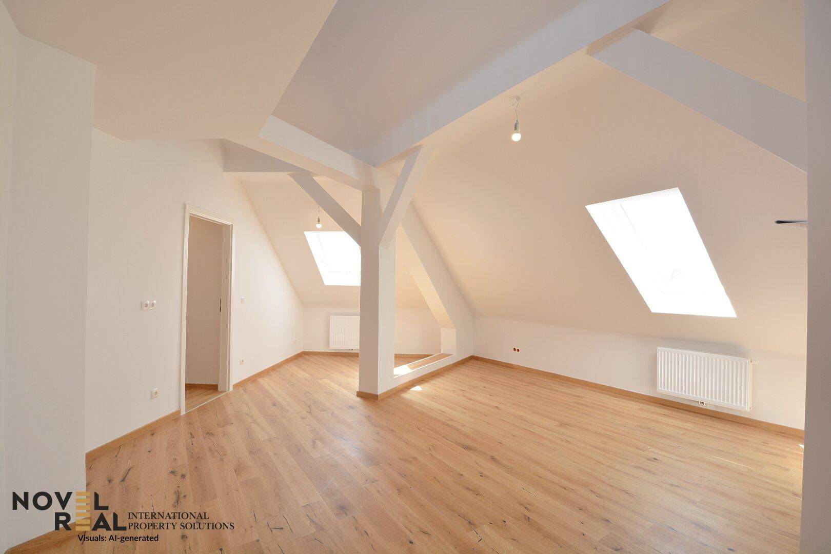 Heller, leerer Raum mit Holzboden, Dachschrägen und großen Dachfenstern, die viel Licht hereinlassen.