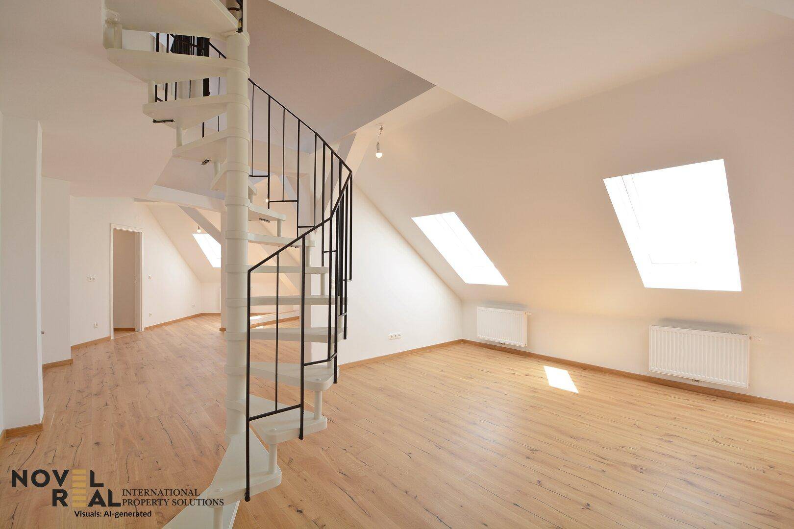 Heller Wohnbereich mit Holzboden, Dachfenstern und einer eleganten Wendeltreppe als zentrales Element.