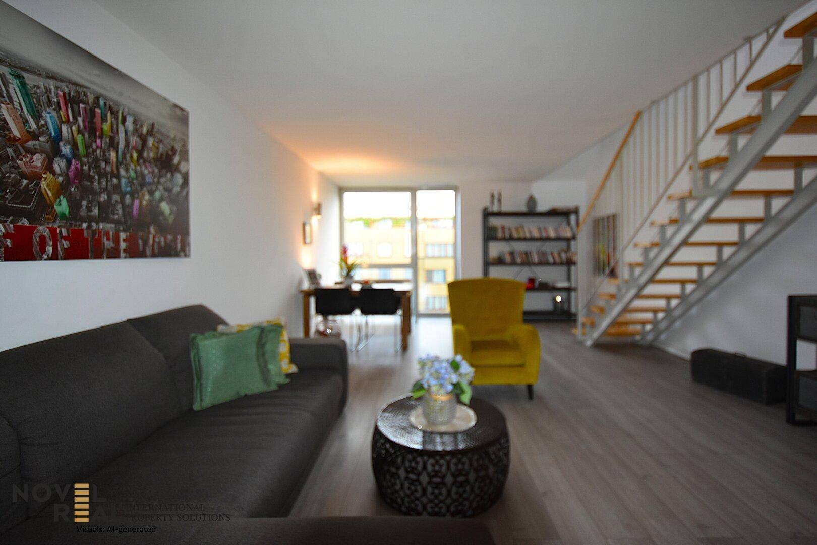 Offener Wohn- und Essbereich mit Sofa, Couchtisch und Zugang zu großen Fenstern.
