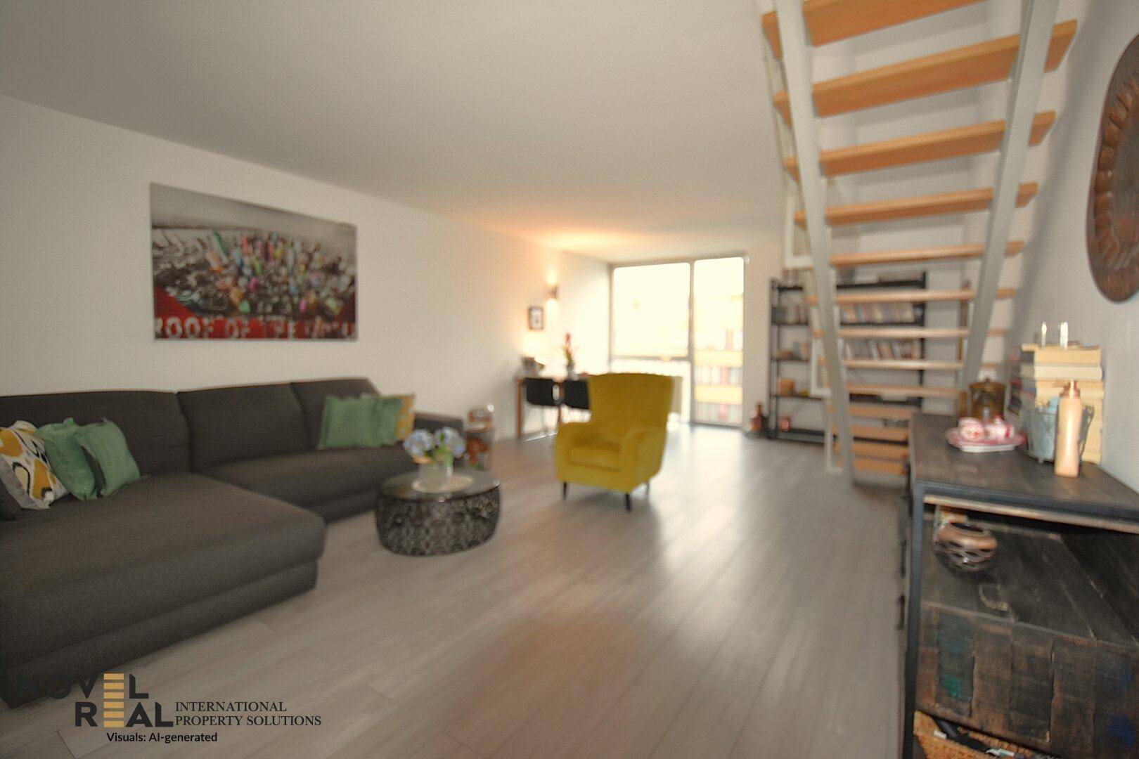 Heller Wohnbereich mit bequemer Couch, gelbem Sessel und offener Holztreppe.